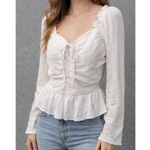 White Ruched Peplum Top Tie Front Cottagecore Ruffle Smocked Sz M